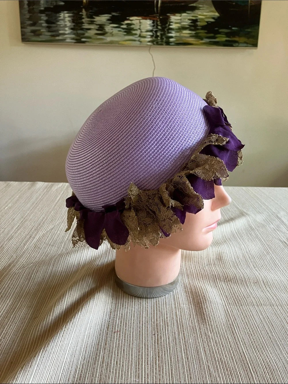 Classic Lilac Women's Pillbox Hat with Purple Floral Trim